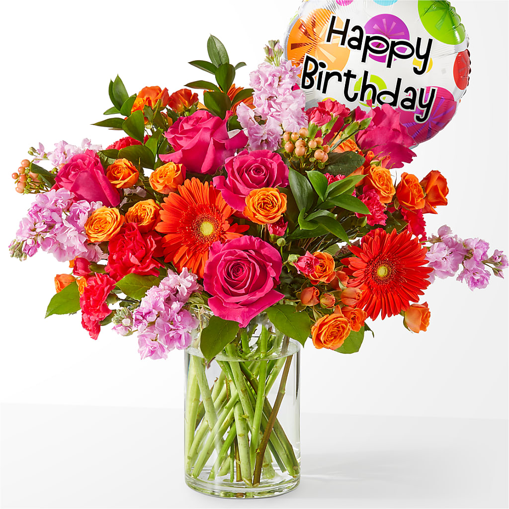 Fiesta Bouquet with Birthday Balloon – Flowers On The Vine - Parma, Parma OH